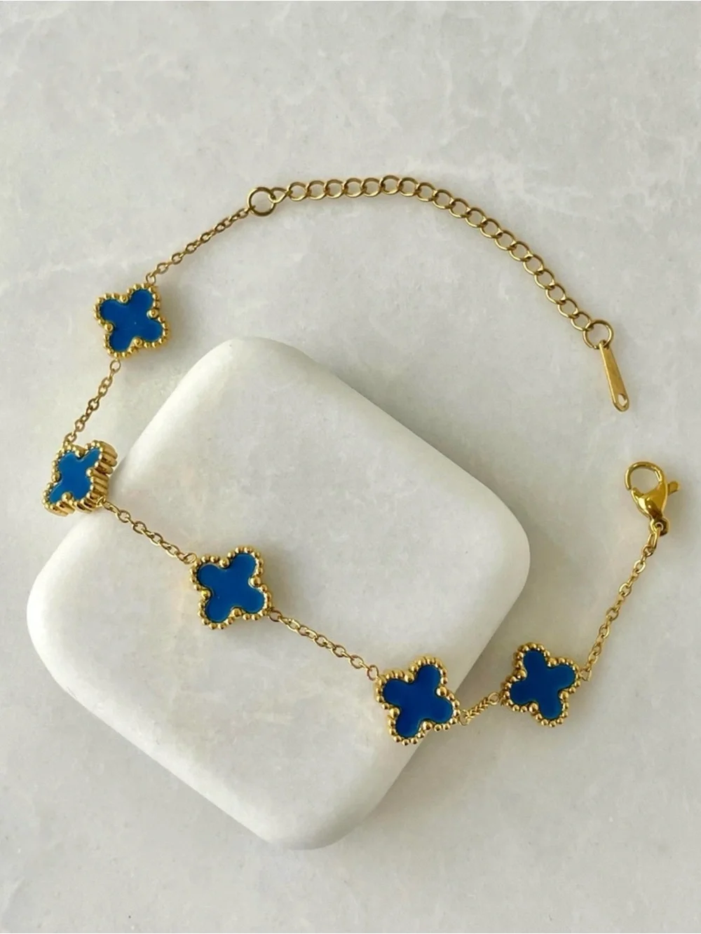 Blue Four Leaf Clover Bracelet Stainless Steel Double Sided Adjustable